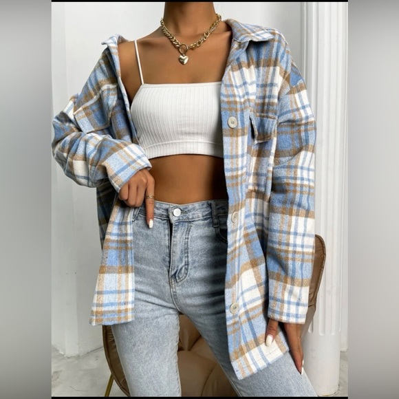 SHEIN Tops - Plaid Flap Pocket Drop Shoulder Overcoat